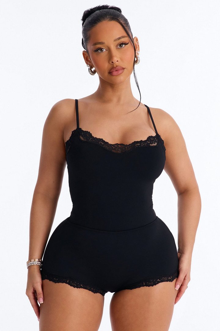 Second Skin Double Lined Lace Trim Cami Bodysuit - Black