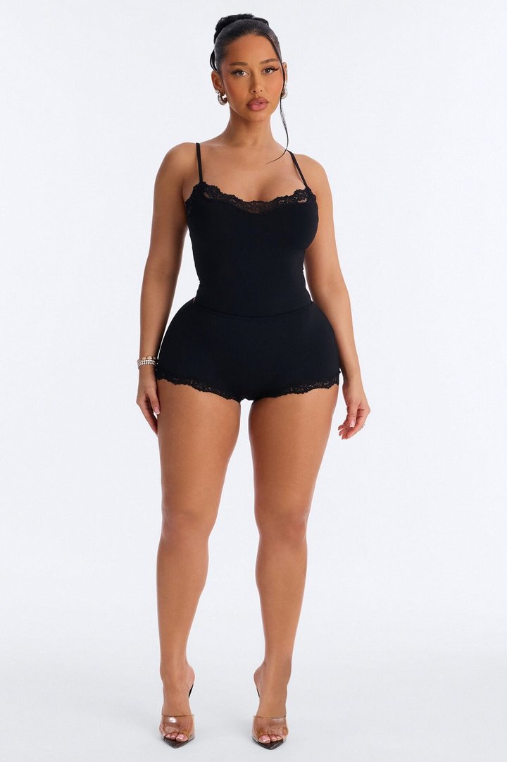 Second Skin Double Lined Lace Trim Micro Shorts - Black