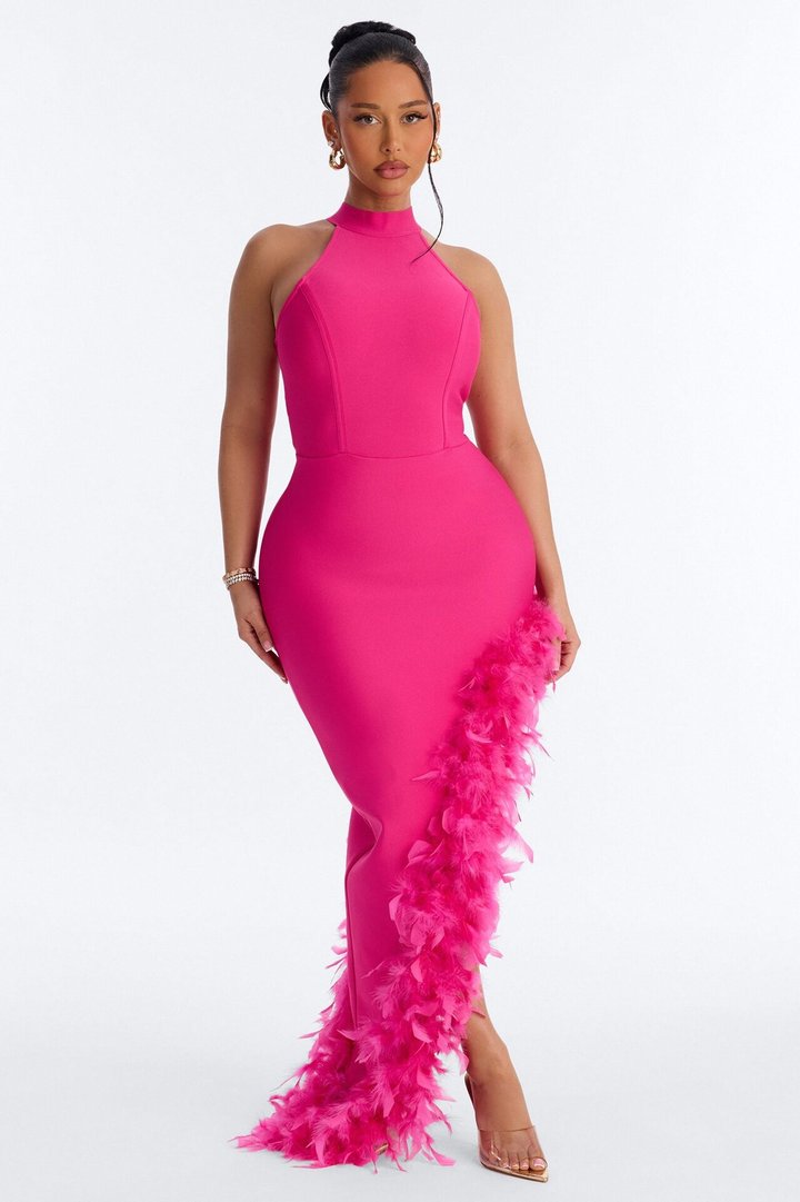 Jorgie Feathered Bandage Gown - Hot Pink