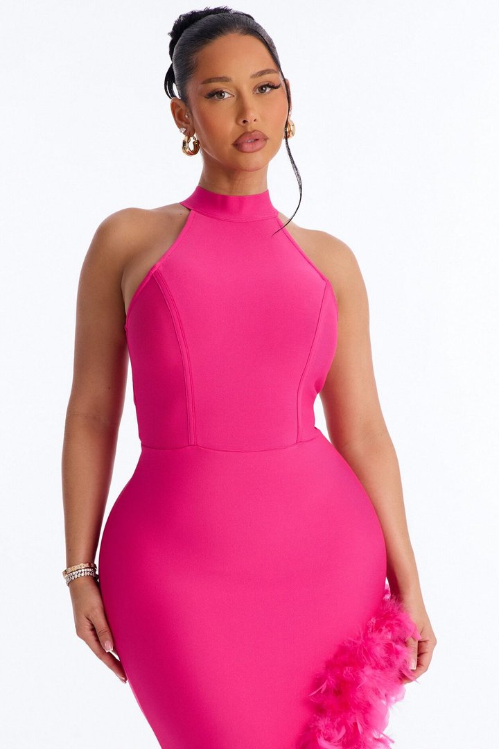 Jorgie Feathered Bandage Gown - Hot Pink