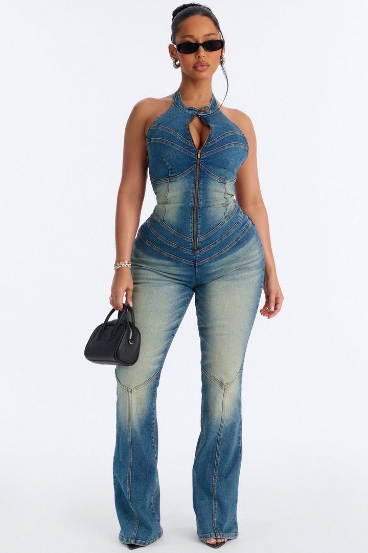 Diana Denim Washed Flare Jumpsuit - Medium Wash