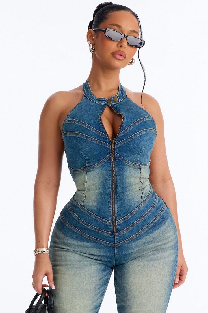 Diana Denim Washed Flare Jumpsuit - Medium Wash