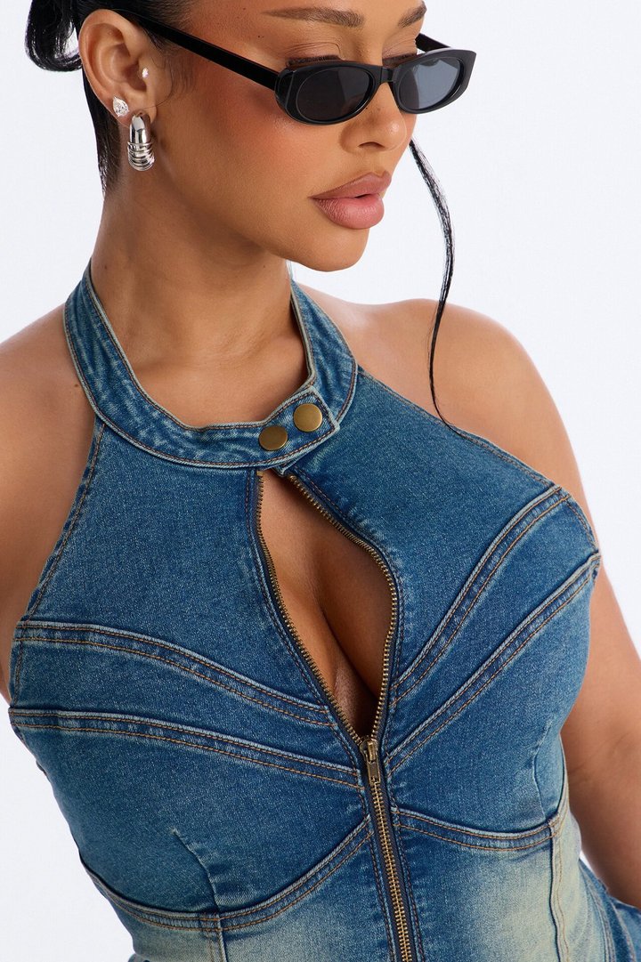 Diana Denim Washed Flare Jumpsuit - Medium Wash