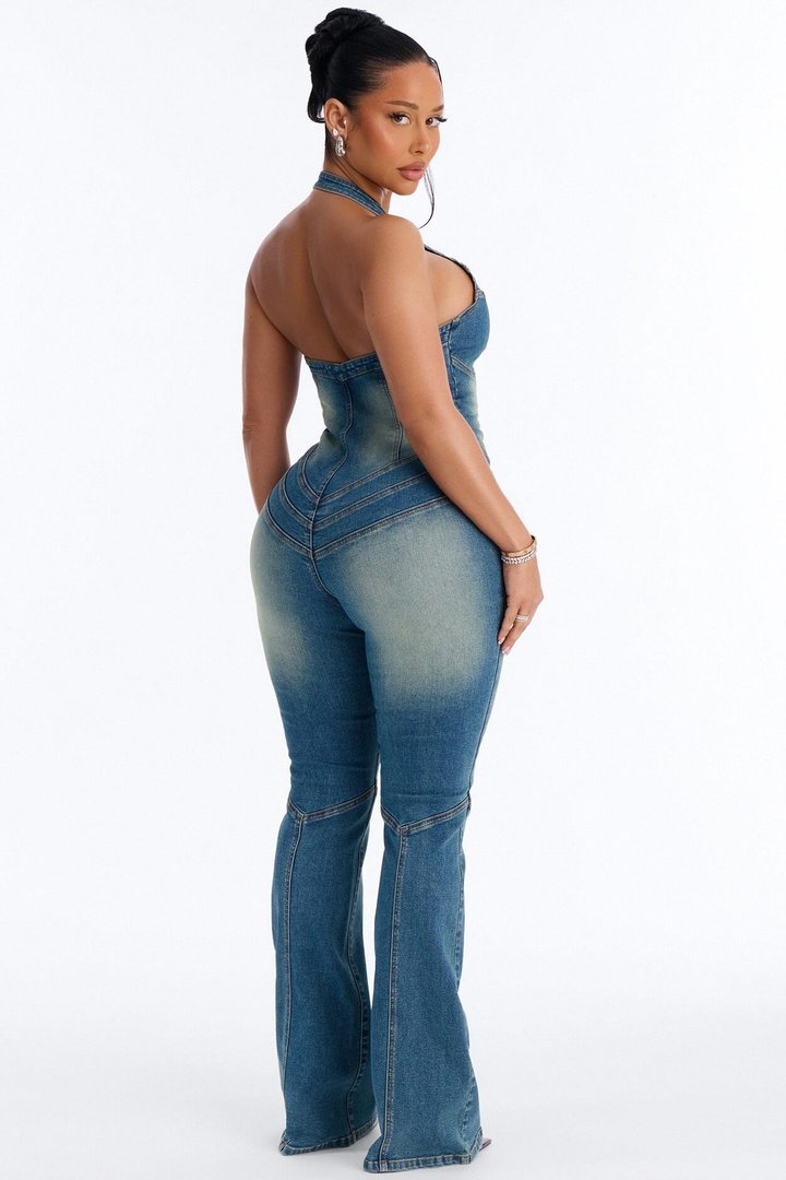 Diana Denim Washed Flare Jumpsuit - Medium Wash