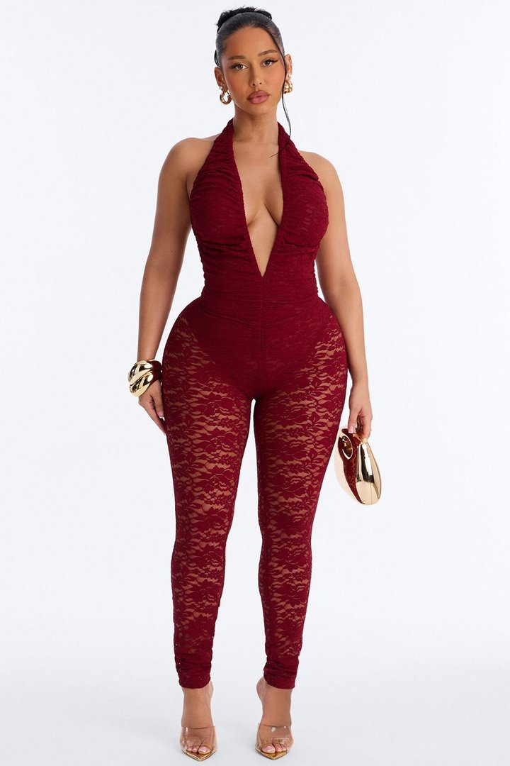 Lace Seduction Plunge Backless Jumpsuite - Wine