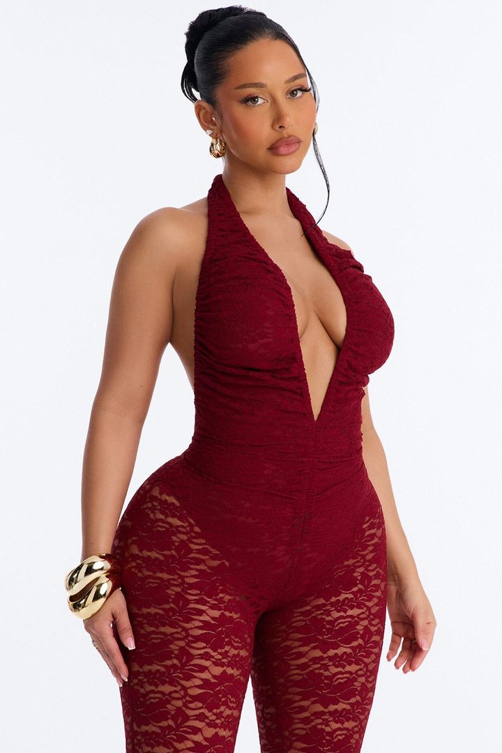 Lace Seduction Plunge Backless Jumpsuite - Wine