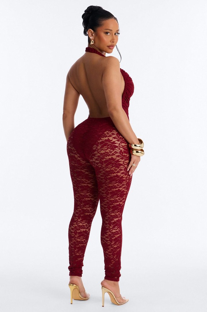 Lace Seduction Plunge Backless Jumpsuite - Wine