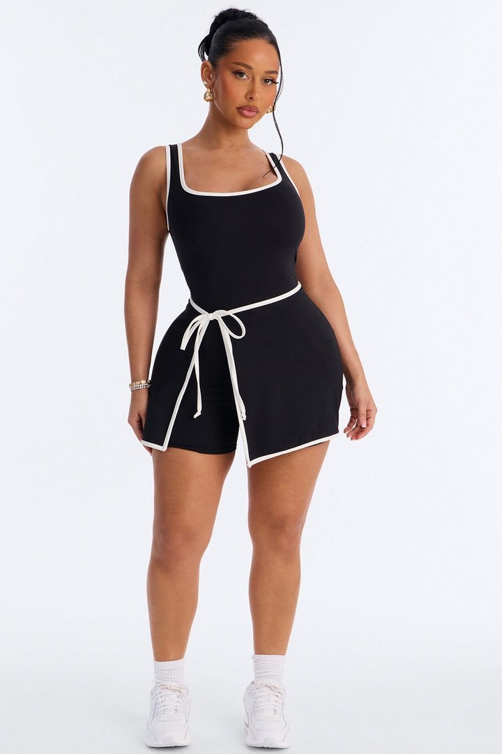 Match Point Tie Waist Romper - Black