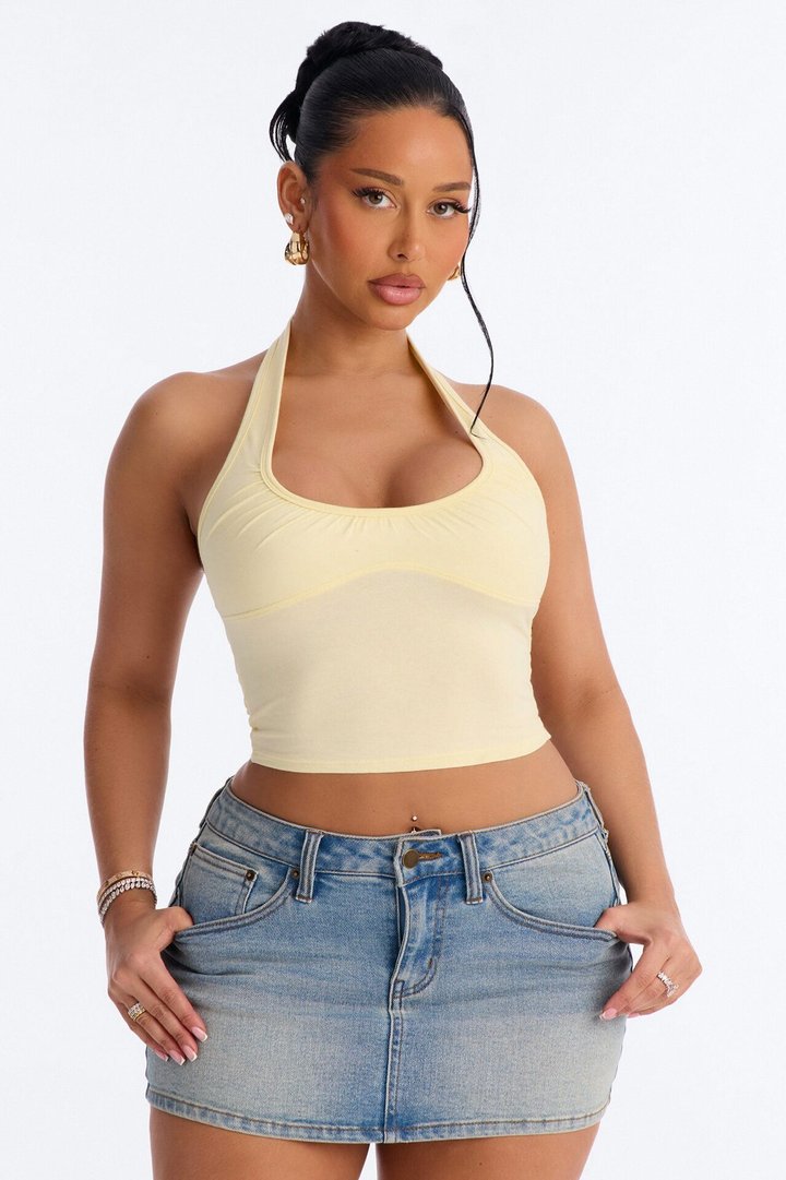 Hailey Everyday Ruched Bust Halter Top - Yellow