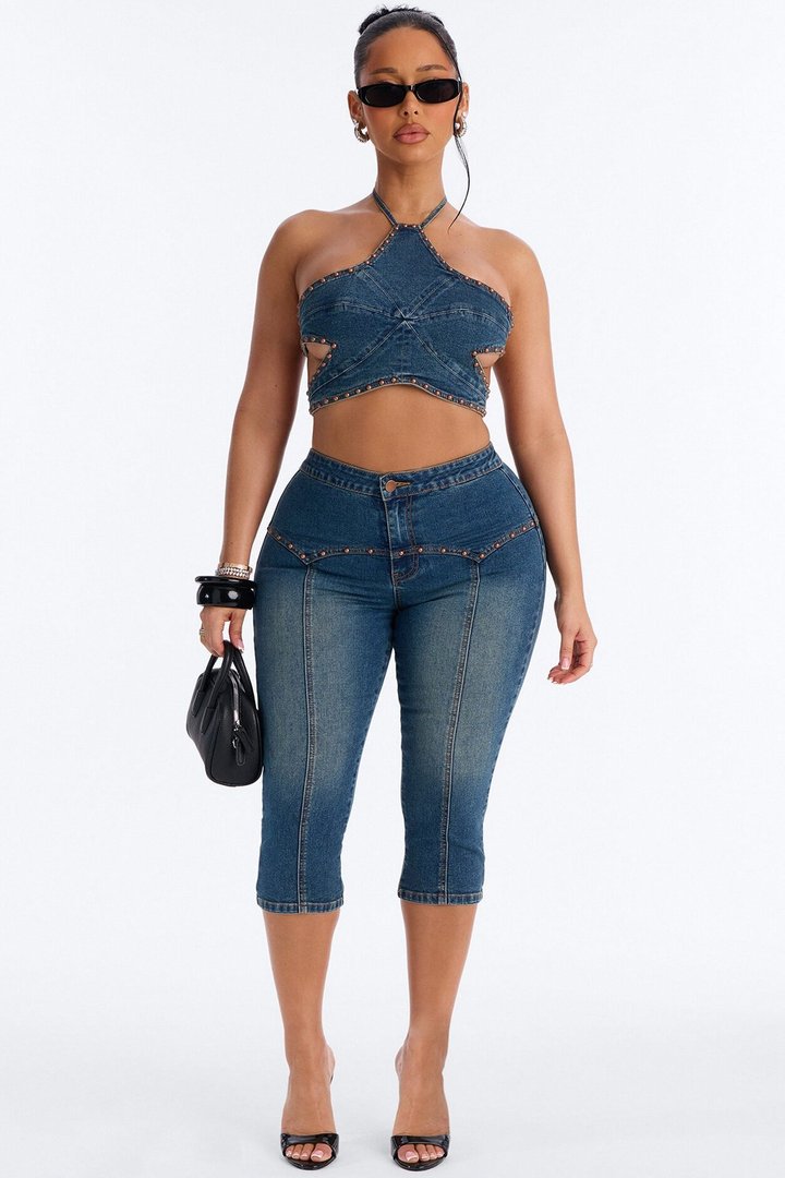 Star Girl Studded Denim Capri Set - Medium Wash