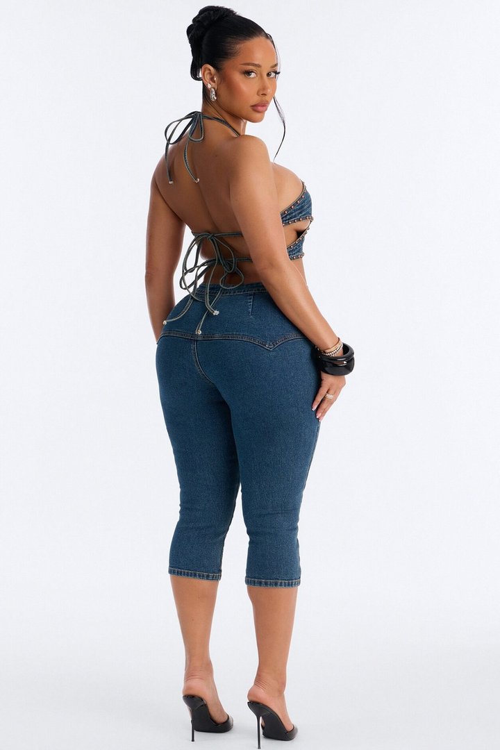 Star Girl Studded Denim Capri Set - Medium Wash