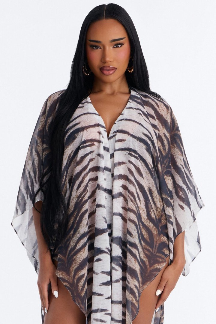 Wildin Out Long Sleeve Animal Print Cover Up Kimono - Brown/combo