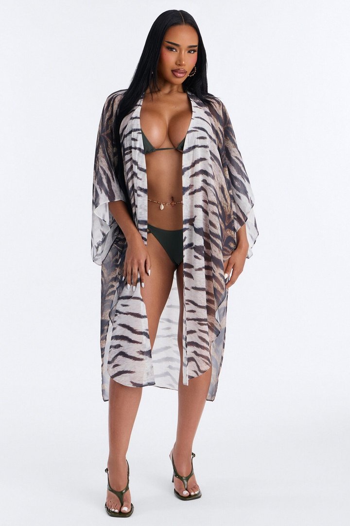 Wildin Out Long Sleeve Animal Print Cover Up Kimono - Brown/combo