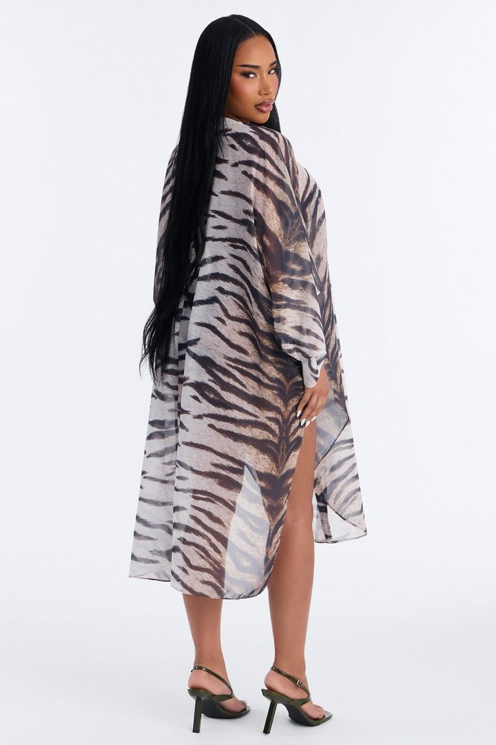 Wildin Out Long Sleeve Animal Print Cover Up Kimono - Brown/combo
