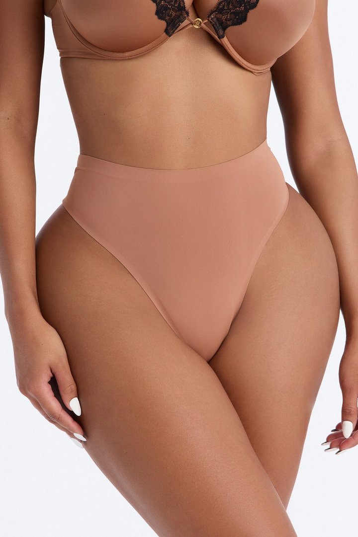 Soft Fit Smoothing High Waist Microfiber Thong Panty - Mocha