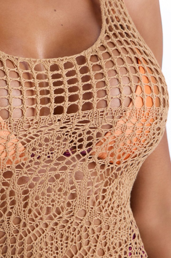 Sand & Sun Crochet Swim Cover Up Dress - Tan