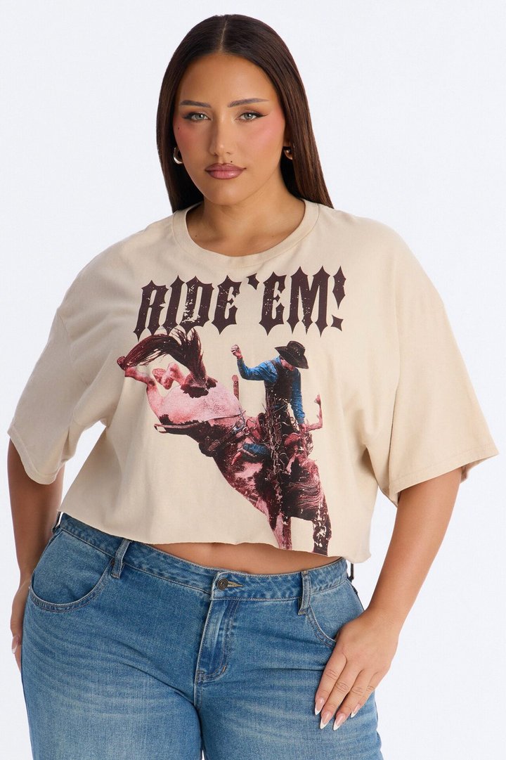 Cowgirl Ride Cut Off Cropped Tee - Sand