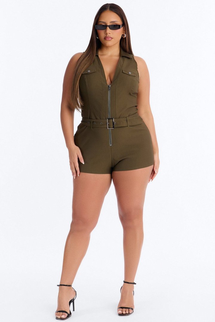 Shana Zip Front Belted Romper - Olive