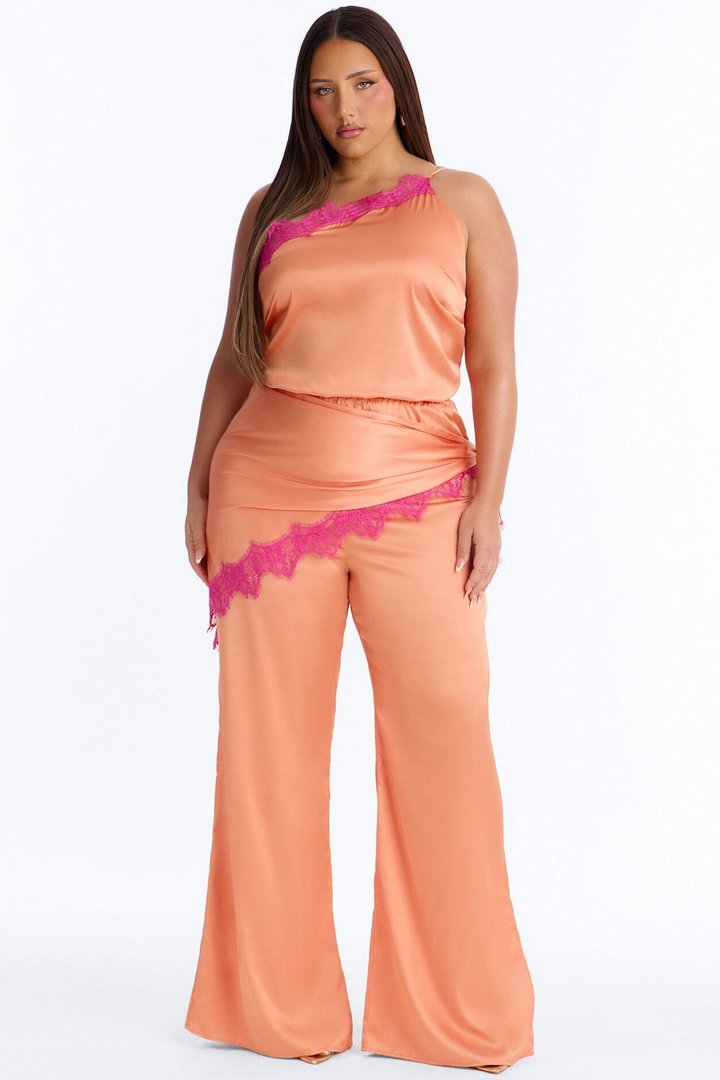 Valeria Satin Waist Scarf Wide Leg Jumpsuit - Orange