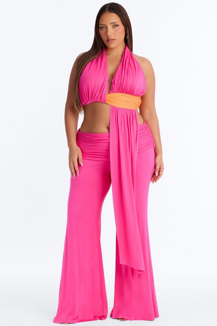 Avery Ruched Waist Pant Set - Hot Pink/combo