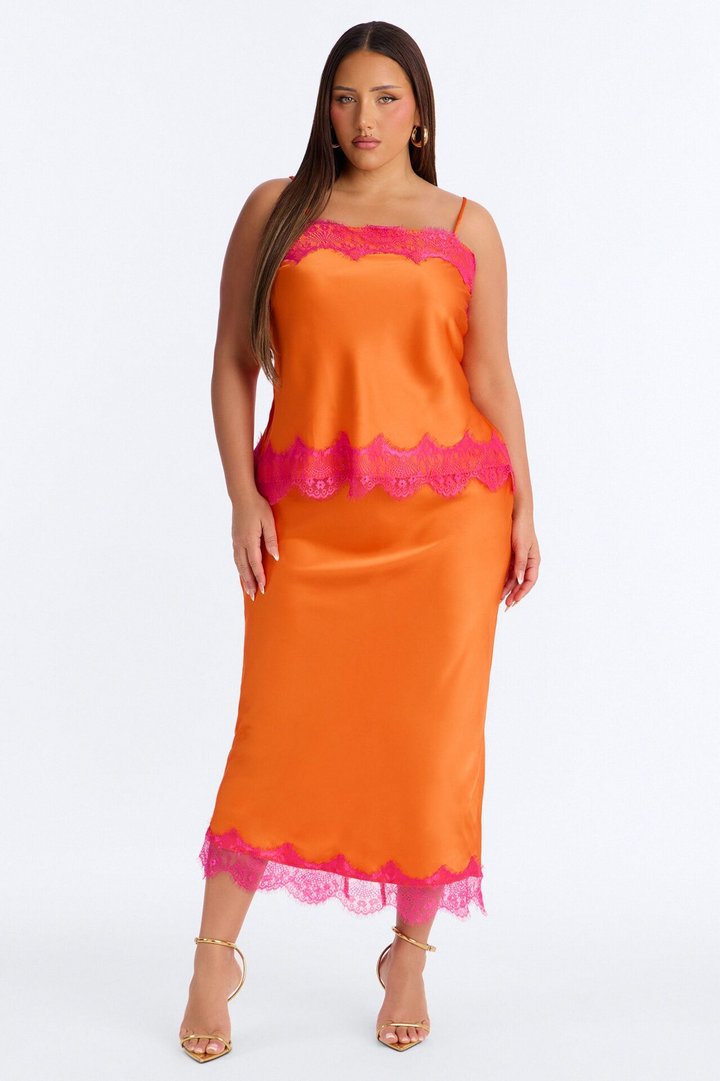 Late Night Kiss Satin Midi Skirt Set - Orange