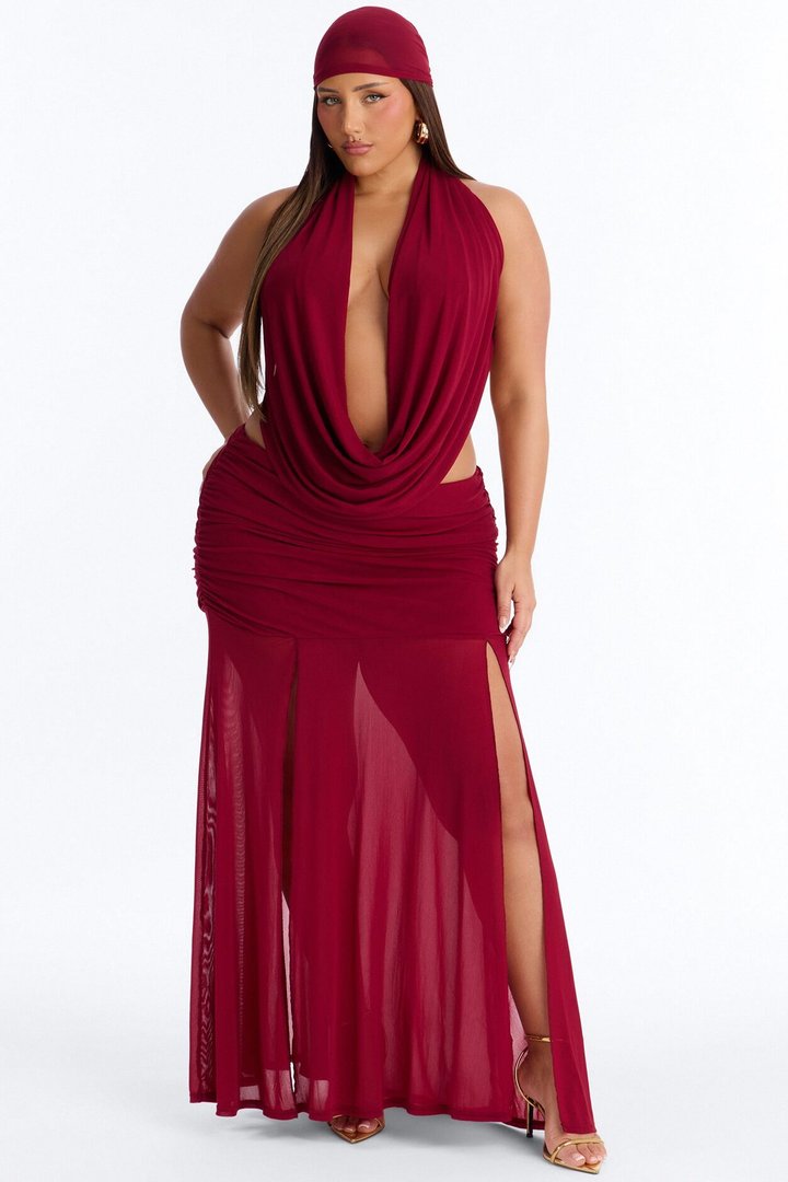 Monica Mesh 3 Piece Maxi Skirt Set - Wine