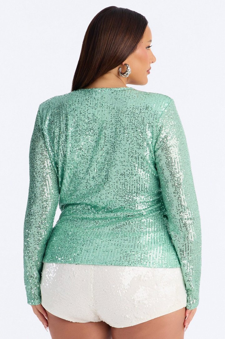 Sara Sequin Cowl Neck Shoulder Pad Long Sleeve Top - Sage