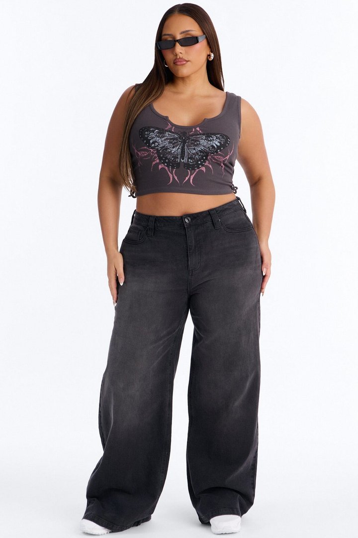 Spread Your Wings Notch Neck Side Tie Tank - Black Wash