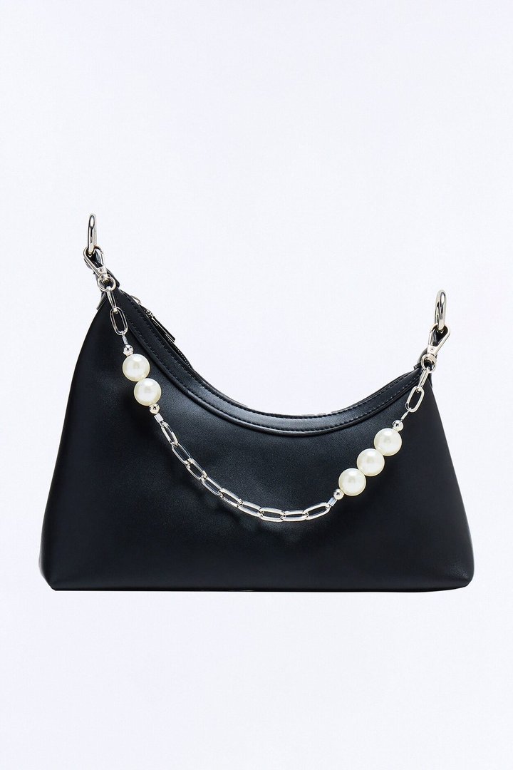 Pearls And Chains Faux Leather Shoulder Handbag - Black