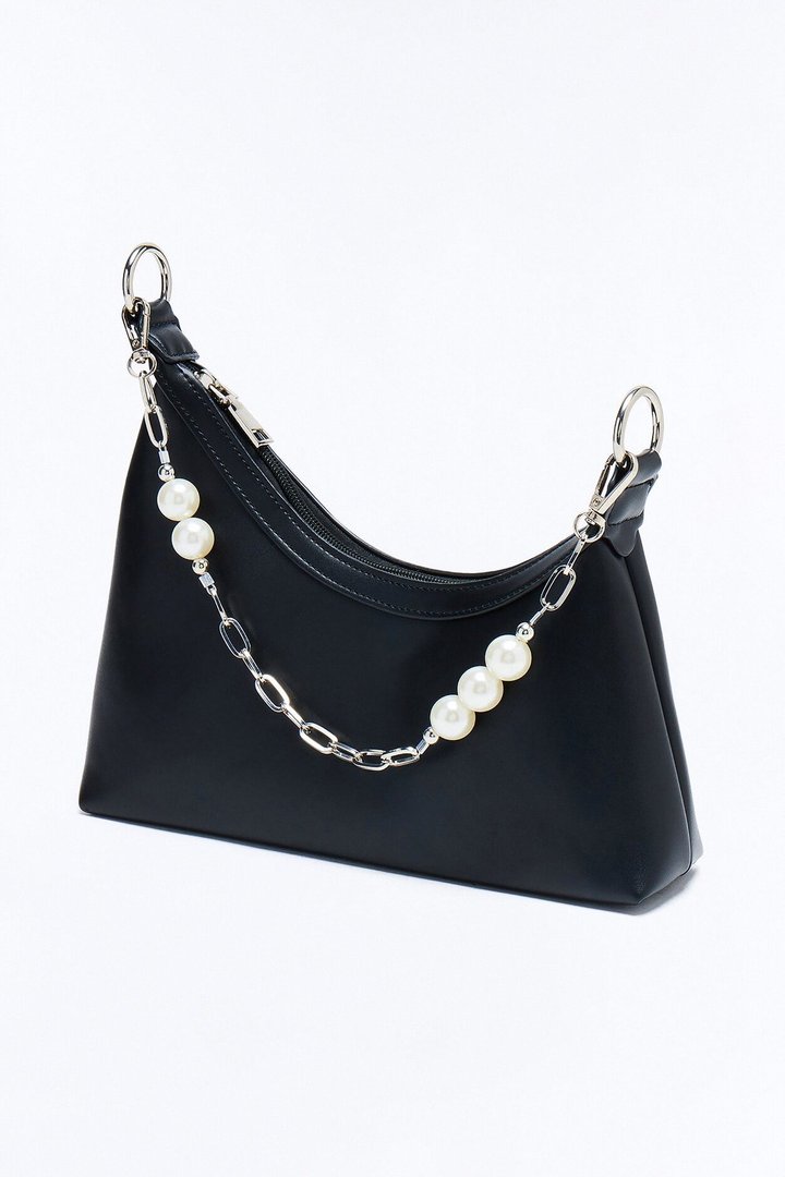 Pearls And Chains Faux Leather Shoulder Handbag - Black