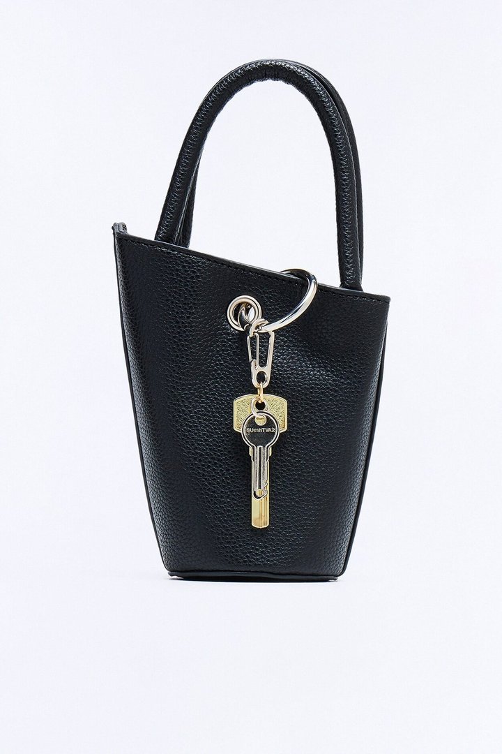 Key Character Faux Leather Satchel Handbag - Black