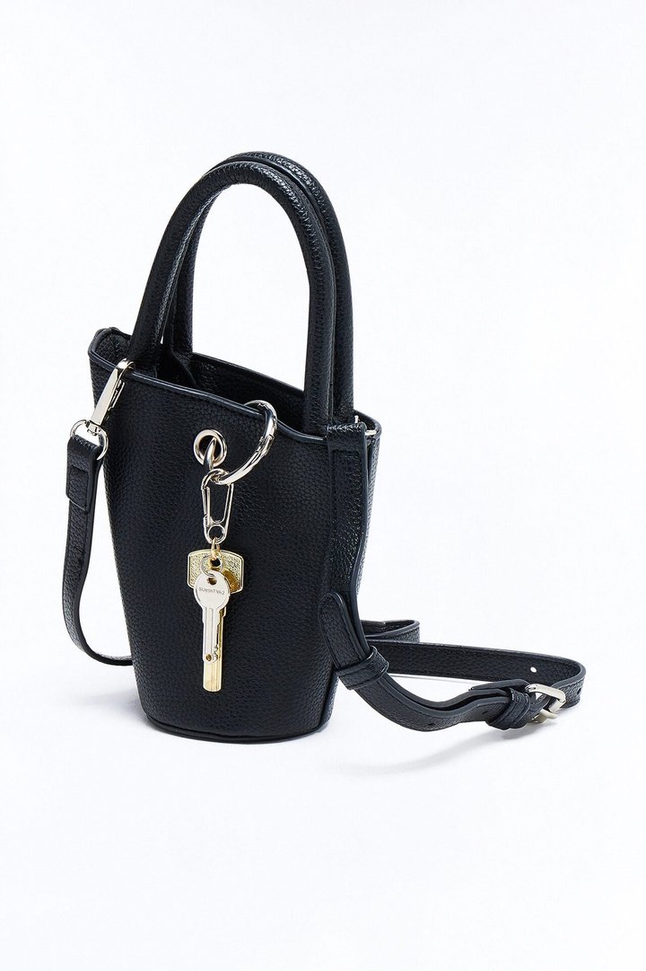 Key Character Faux Leather Satchel Handbag - Black