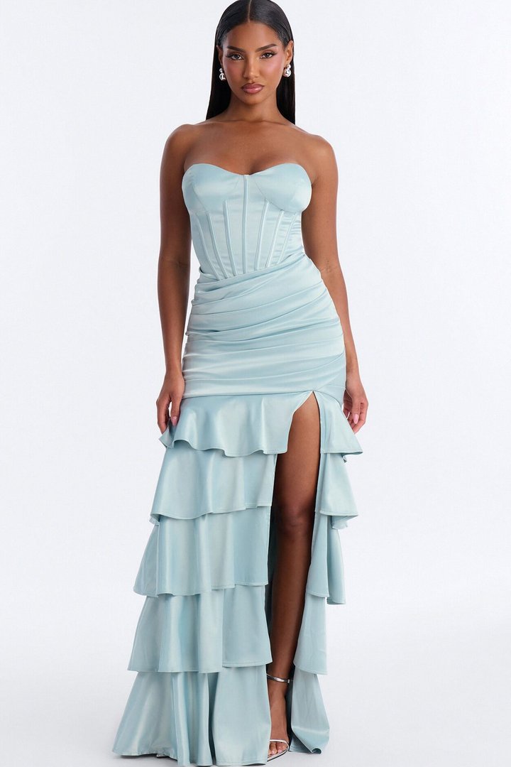 Bold Glamour Ruffle Satin Gown - Sage