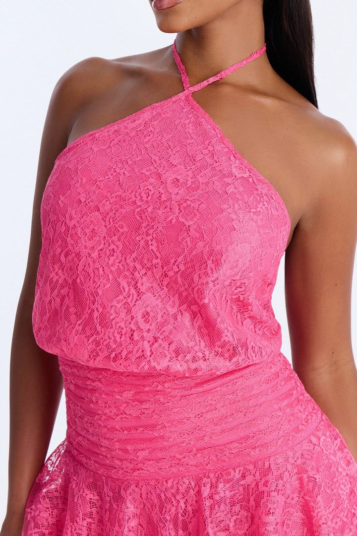 Daisy Backless Lace Mini Dress - HotPink