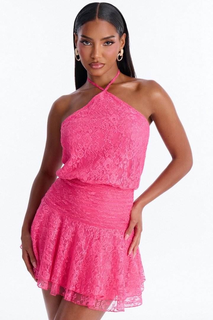 Daisy Backless Lace Mini Dress - HotPink