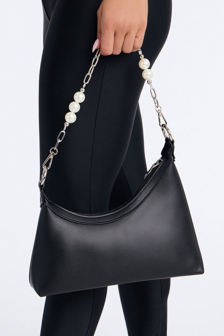 Pearls And Chains Faux Leather Shoulder Handbag - Black