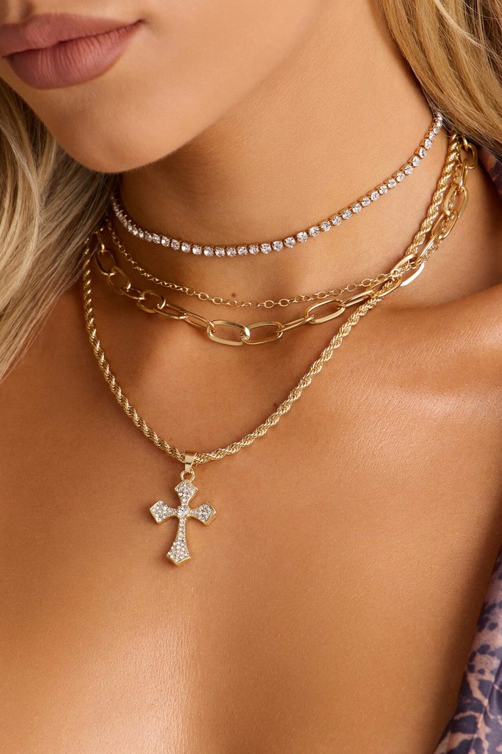 No Saint Rhinestone Layered Necklace - Gold