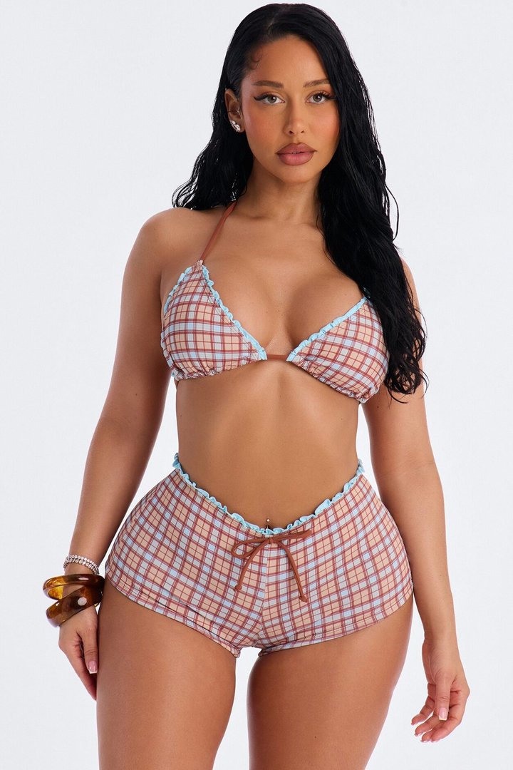 Coconut Sky 2 Piece Plaid Ruffle Triangle Bikini & Boyshort Bottom Set - Brown/combo