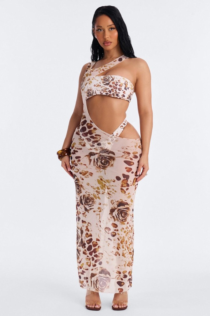 Living 3 Piece Floral Animal Print Bandeau Bikini & Mesh Cover Up Dress - Nude/combo