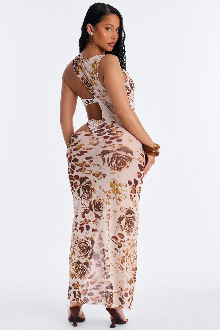 Living 3 Piece Floral Animal Print Bandeau Bikini & Mesh Cover Up Dress - Nude/combo