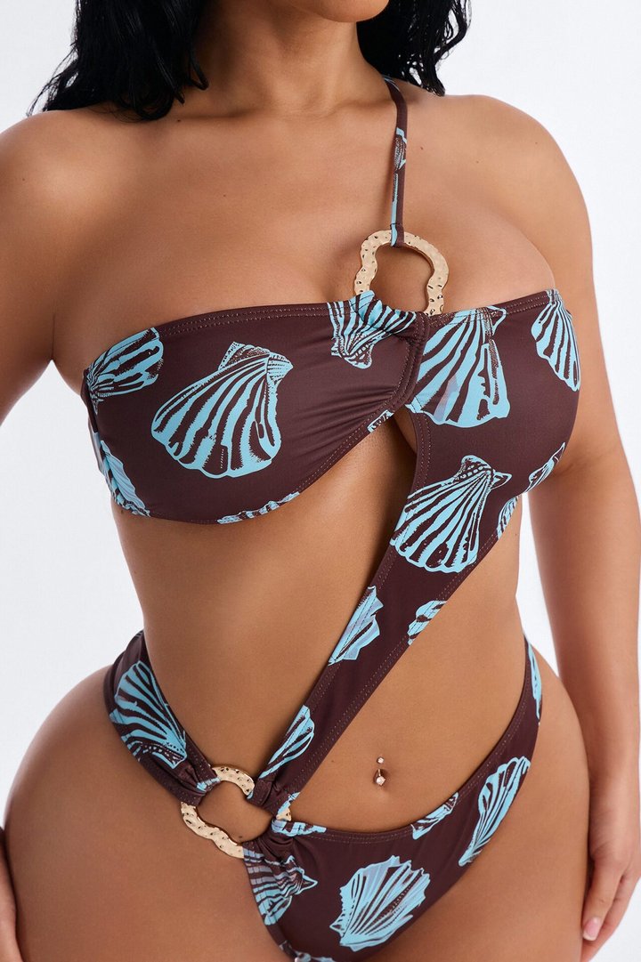 Reality Can Wait 1 Piece Tropical Asymmetrical Cut Out Swimsuit - Brown/combo