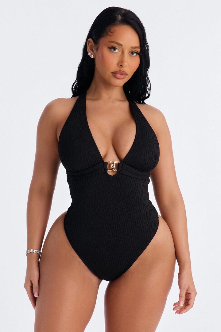 Fits Like A Glove Ribbed 1 Piece Plunge Neck Swimsuit - Black