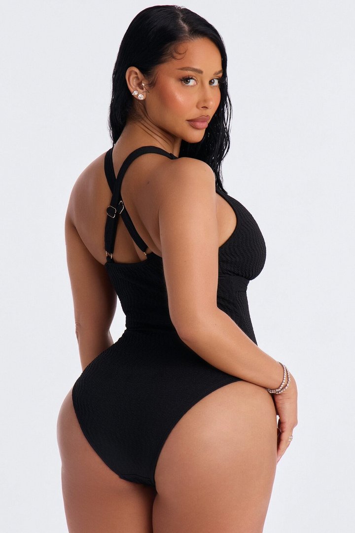 Fits Like A Glove Ribbed 1 Piece Plunge Neck Swimsuit - Black