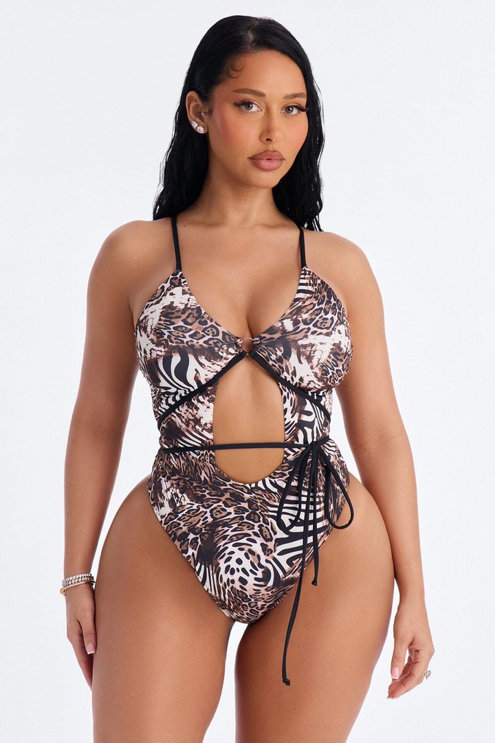Sunkissed Strappy 1 Piece Cut Out Swimsuit - Leopard