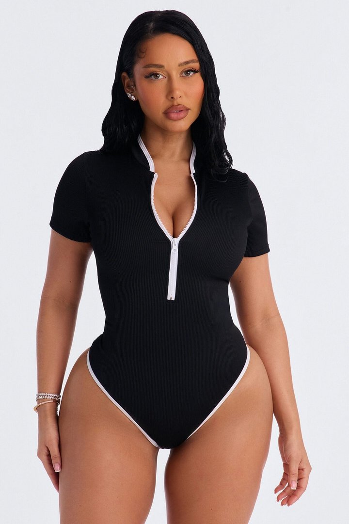 Elevated Ribbed 1 Piece Zip Up Short Sleeve Swimsuit - Black/White