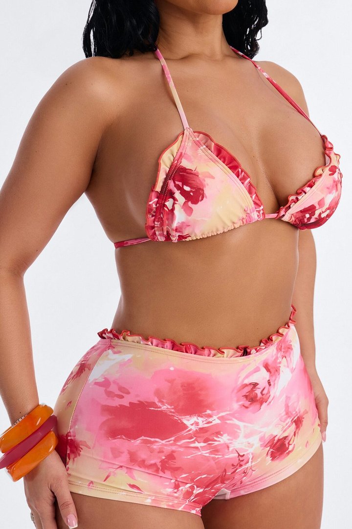 Rina 2 Piece Ruffle Floral Triangle Bikini & Boyshort Bottom Set - Pink/combo