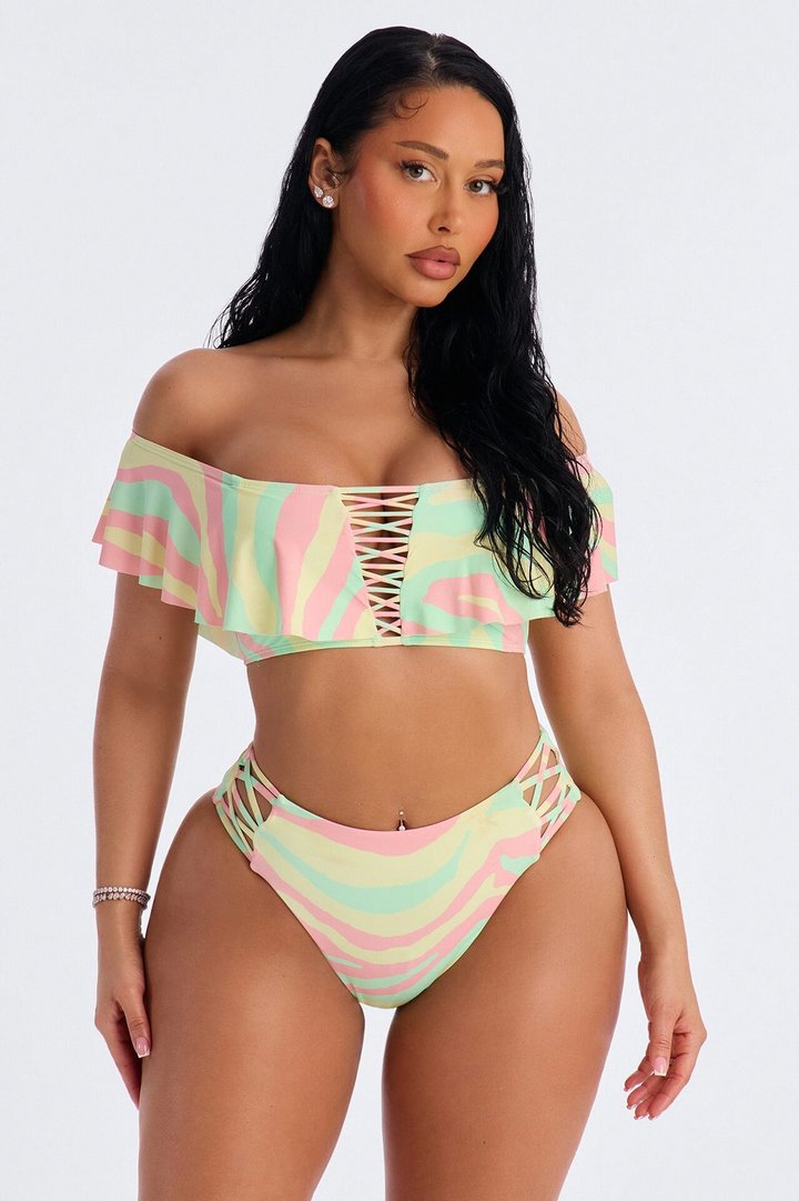 Oceanside Chic 2 Piece Marble Off Shoulder Lace Up Bikini Set - Mint/combo