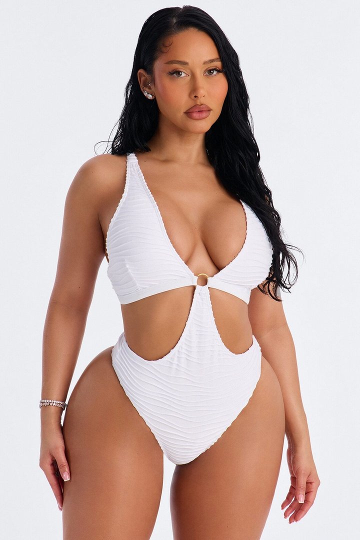 Some Beach Somewhere Textured O-Ring Back Tie 1 Piece Swimsuit - White