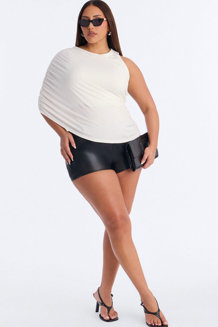 Laura Ruched Asymmetrical Short Sleeve Top - White