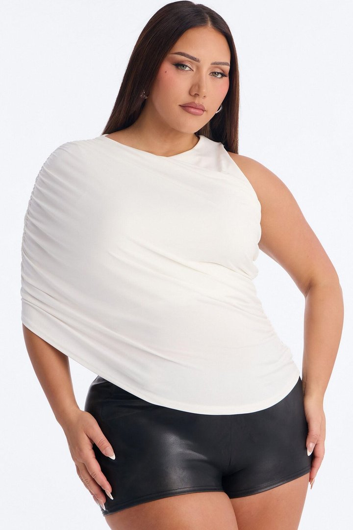 Laura Ruched Asymmetrical Short Sleeve Top - White